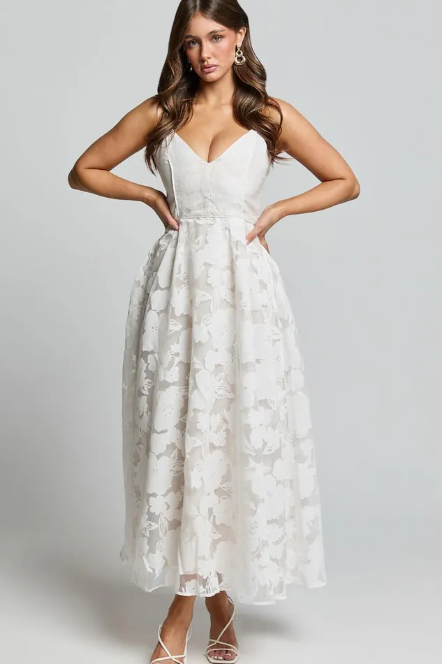 Philine Midi Dress 8211 Jacquard Plunge Fit And Flare Dress In White Women Showpo Curve Clothes