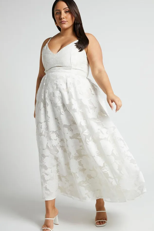 Philine Midi Dress 8211 Jacquard Plunge Fit And Flare Dress In White Women Showpo Curve Clothes