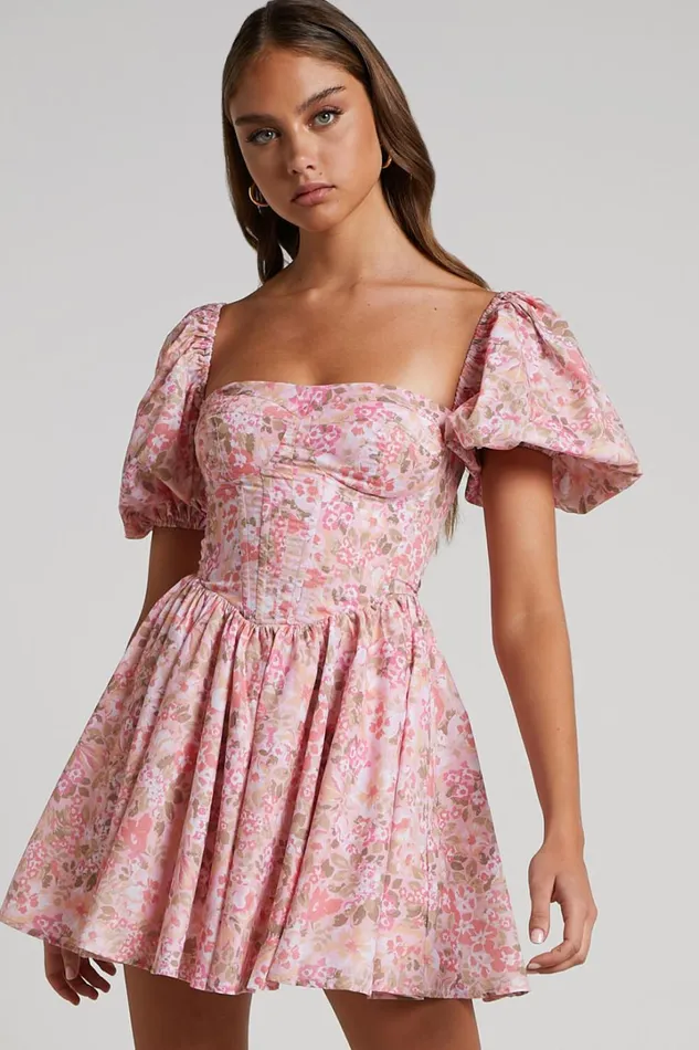 Phorchia Mini Dress 8211 Fit And Flare Puff Sleeve Corset Dress In Fleur Print Women Showpo Curve Clothes