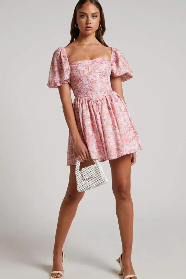 Phorchia Mini Dress 8211 Fit And Flare Puff Sleeve Corset Dress In Fleur Print Women Showpo Curve Clothes