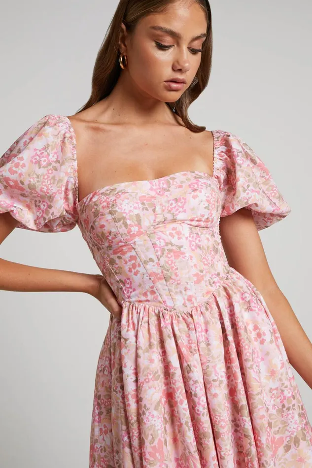 Phorchia Mini Dress 8211 Fit And Flare Puff Sleeve Corset Dress In Fleur Print Women Showpo Curve Clothes