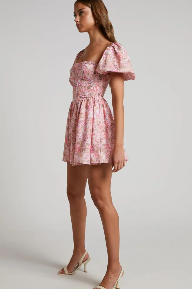 Phorchia Mini Dress 8211 Fit And Flare Puff Sleeve Corset Dress In Fleur Print Women Showpo Curve Clothes
