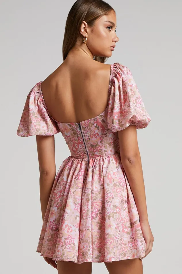 Phorchia Mini Dress 8211 Fit And Flare Puff Sleeve Corset Dress In Fleur Print Women Showpo Curve Clothes