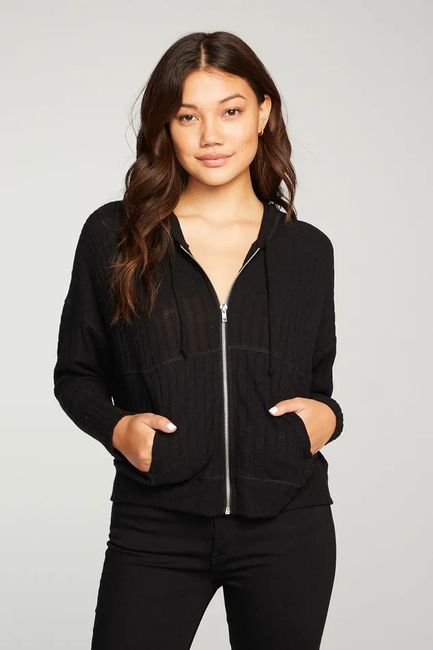Poor Boy Rib Long Sleeve Oversized Easy Zip Up Hoodie Womens Outerwear Chaser Brand