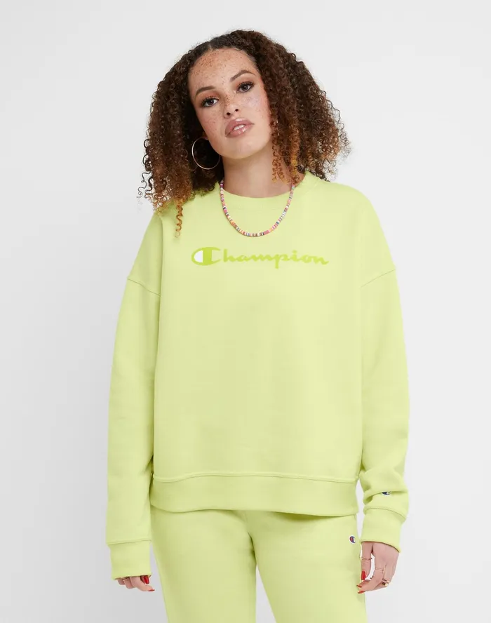 Powerblend Crewneck Sweatshirt Script Logo Frozen Lime Women Champion Hoodies and Sweatshirts Powerblend Crewneck Sweatshirt Script Logo Frozen Lime Women Champion Hoodies and Sweatshirts