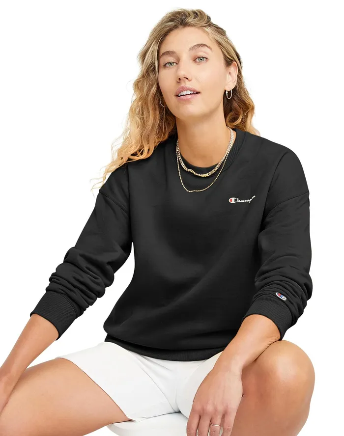 Powerblend Crewneck Sweatshirt Small Script Logo Black Women Champion Hoodies and Sweatshirts