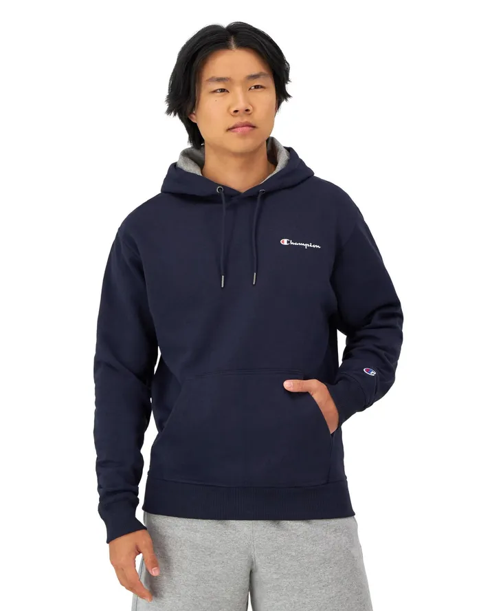 Powerblend Hoodie Classic Script Logo Navy Men Champion Hoodies and Sweatshirts