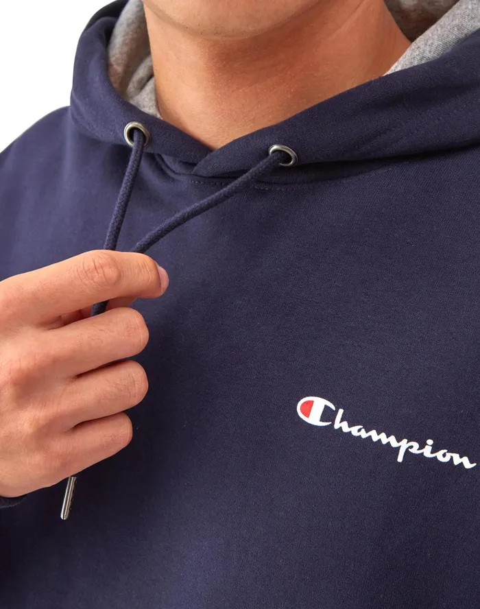 Powerblend Hoodie Classic Script Logo Navy Men Champion Hoodies and Sweatshirts