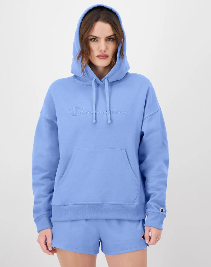 Powerblend Hoodie Relaxed Full Embroidered Script Logo Plaster Blue Women Champion Hoodies and Sweatshirts Powerblend Hoodie Relaxed Full Embroidered Script Logo Plaster Blue Women Champion Hoodies and Sweatshirts