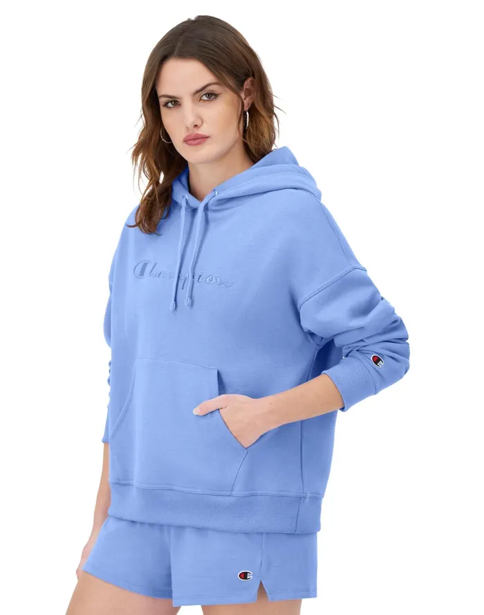 Powerblend Hoodie Relaxed Full Embroidered Script Logo Plaster Blue Women Champion Hoodies and Sweatshirts