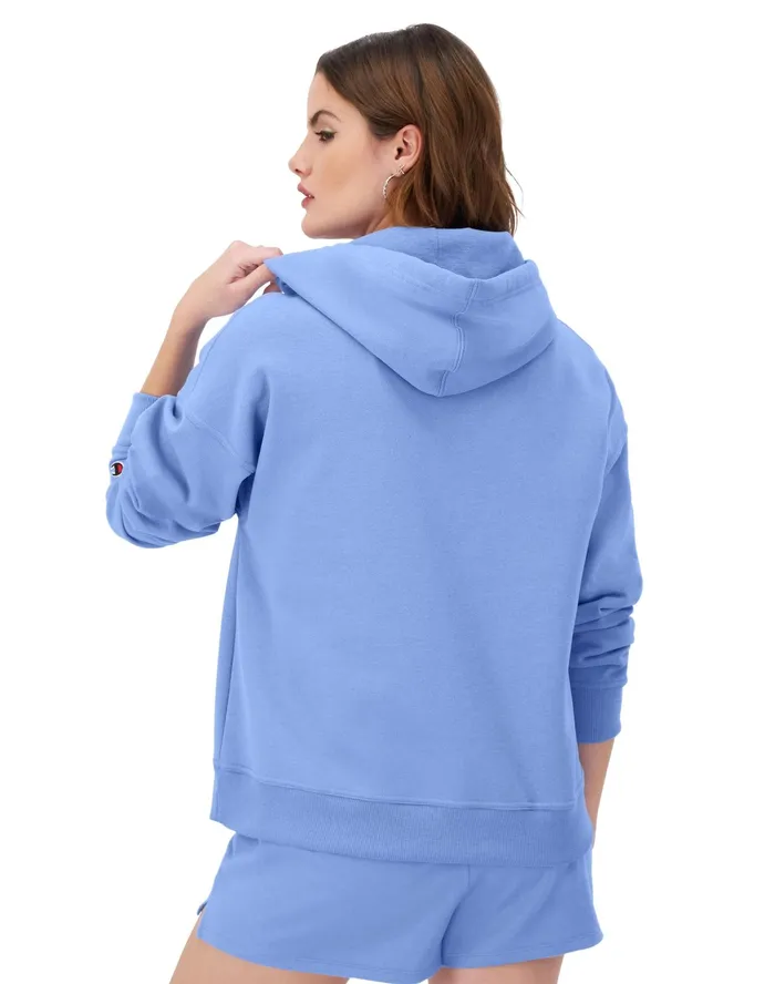 Powerblend Hoodie Relaxed Full Embroidered Script Logo Plaster Blue Women Champion Hoodies and Sweatshirts