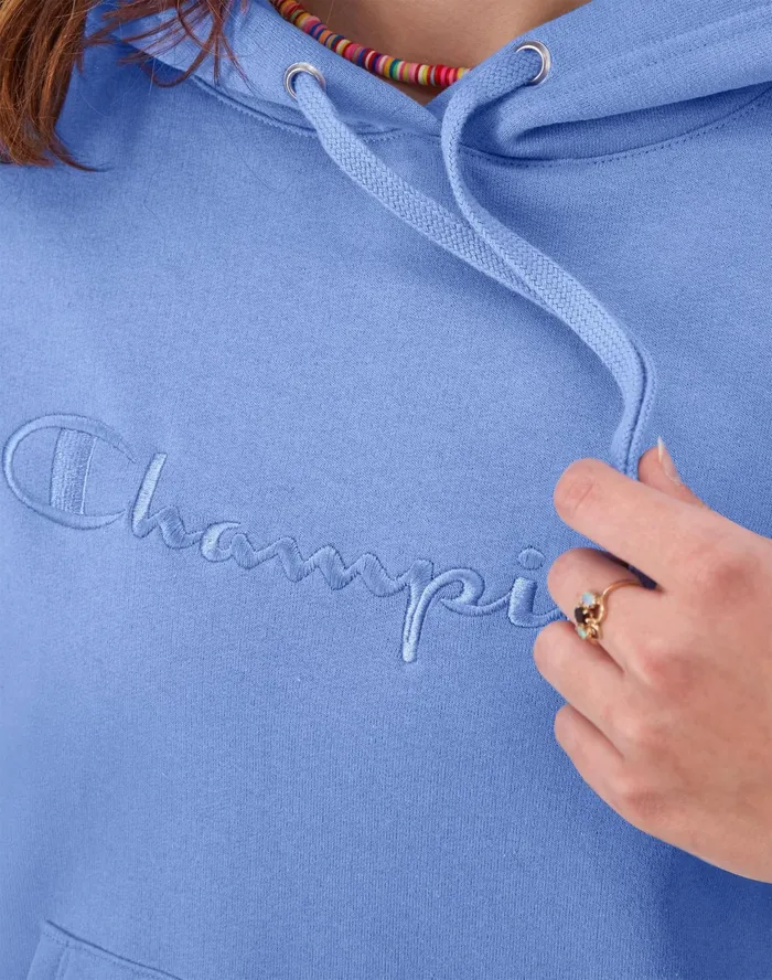 Powerblend Hoodie Relaxed Full Embroidered Script Logo Plaster Blue Women Champion Hoodies and Sweatshirts