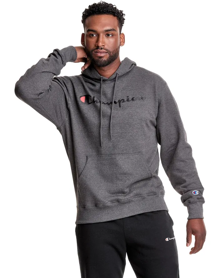 Powerblend Hoodie Script Logo Granite Heather Men Champion Hoodies and Sweatshirts