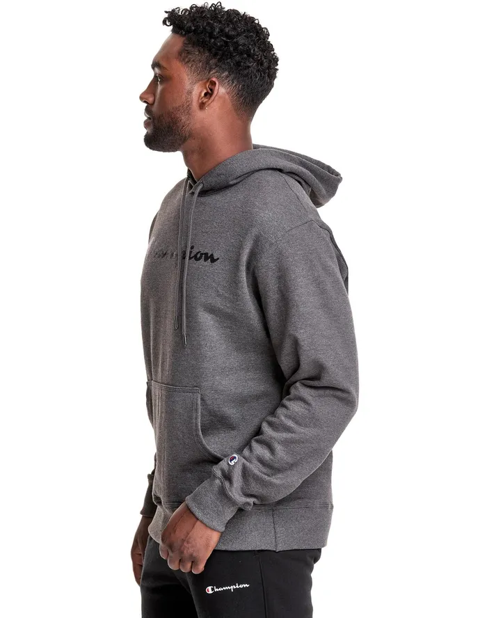 Powerblend Hoodie Script Logo Granite Heather Men Champion Hoodies and Sweatshirts