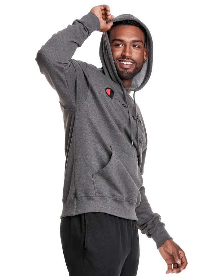 Powerblend Hoodie Script Logo Granite Heather Men Champion Hoodies and Sweatshirts