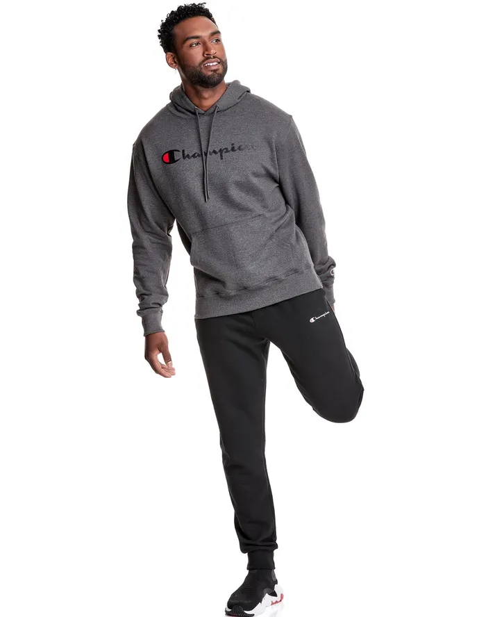 Powerblend Hoodie Script Logo Granite Heather Men Champion Hoodies and Sweatshirts