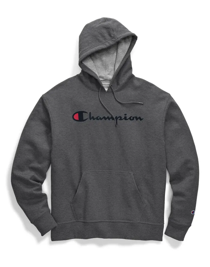 Powerblend Hoodie Script Logo Granite Heather Men Champion Hoodies and Sweatshirts