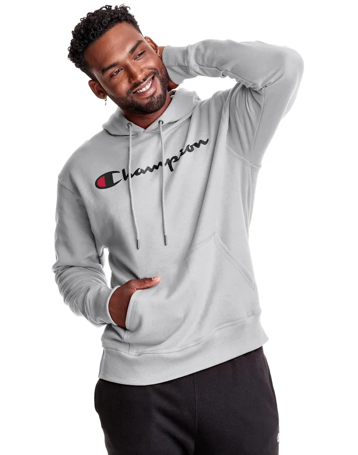 Powerblend Hoodie Script Logo Oxford Grey Men Champion Hoodies and Sweatshirts