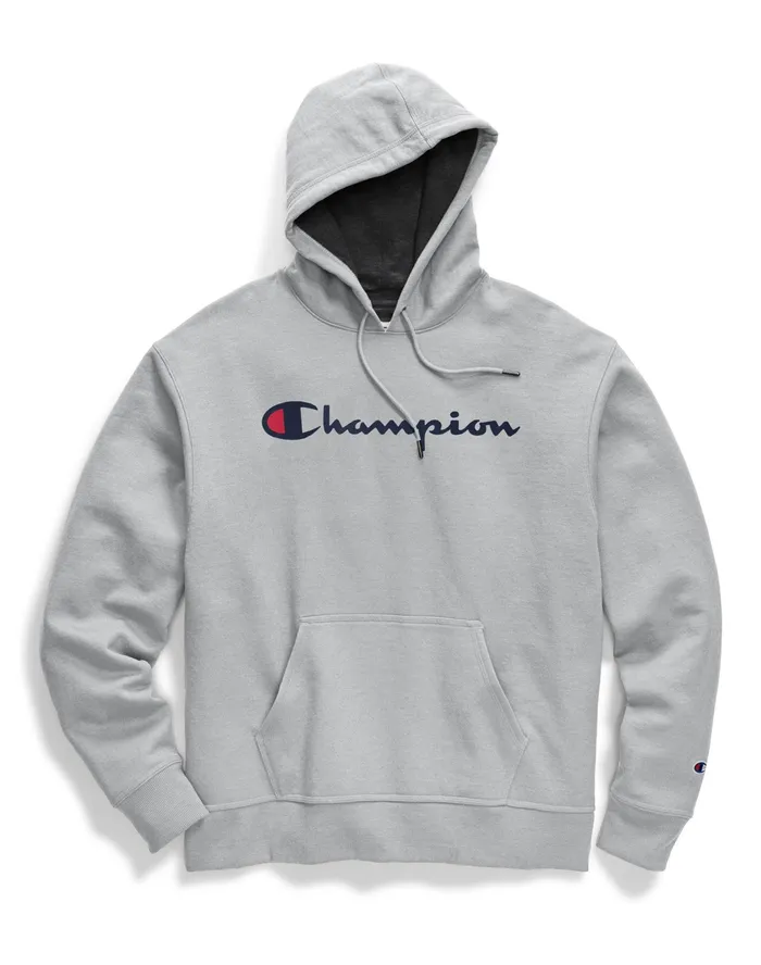 Powerblend Hoodie Script Logo Oxford Grey Men Champion Hoodies and Sweatshirts