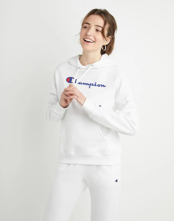 Powerblend Hoodie Script Logo White Women Champion Hoodies and Sweatshirts