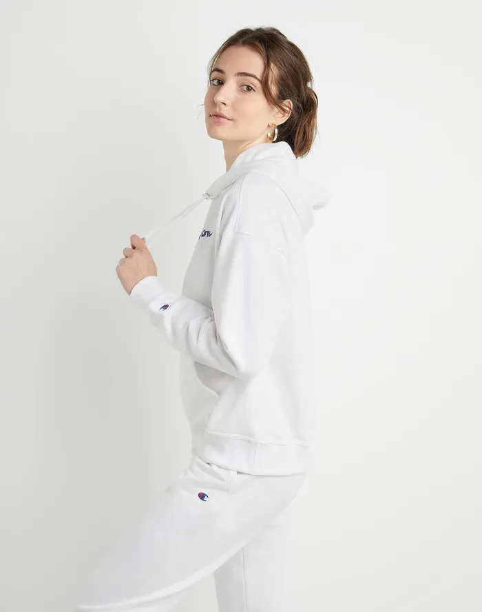 Powerblend Hoodie Script Logo White Women Champion Hoodies and Sweatshirts
