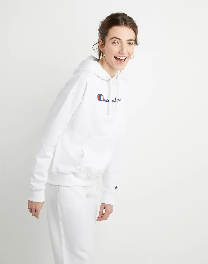 Powerblend Hoodie Script Logo White Women Champion Hoodies and Sweatshirts