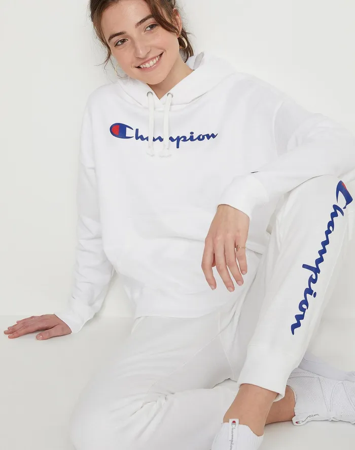 Powerblend Hoodie Script Logo White Women Champion Hoodies and Sweatshirts