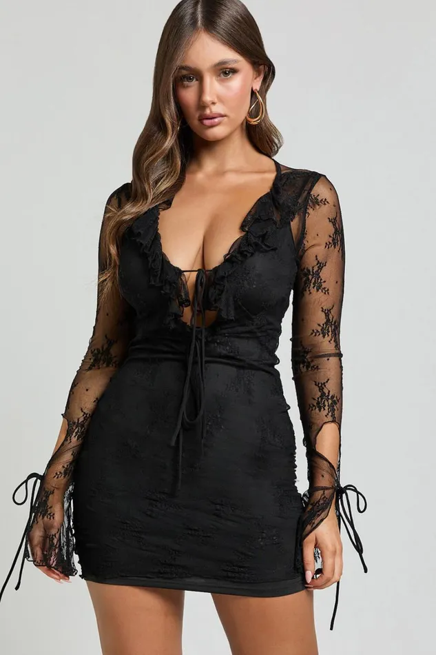 Presley Mini Dress 8211 Lace Ruffle Plunge Tie Detail Dress In Black Women Showpo Dresses