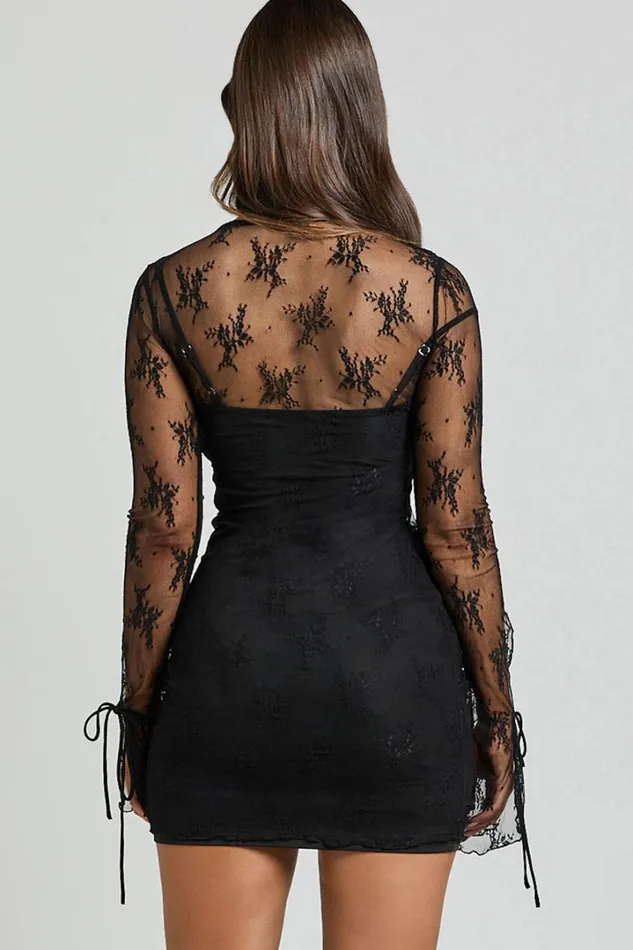 Presley Mini Dress 8211 Lace Ruffle Plunge Tie Detail Dress In Black Women Showpo Dresses
