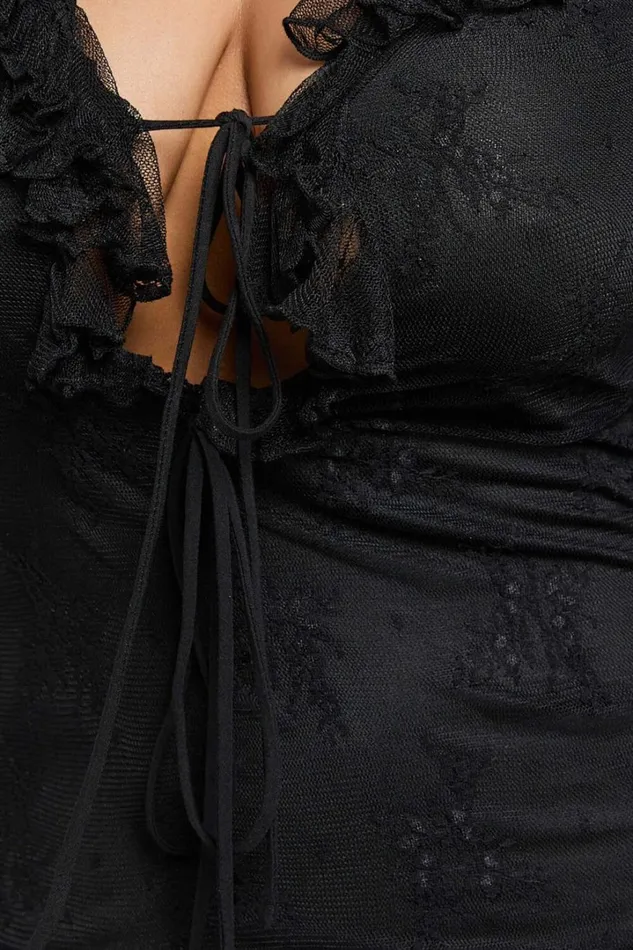 Presley Mini Dress 8211 Lace Ruffle Plunge Tie Detail Dress In Black Women Showpo Dresses