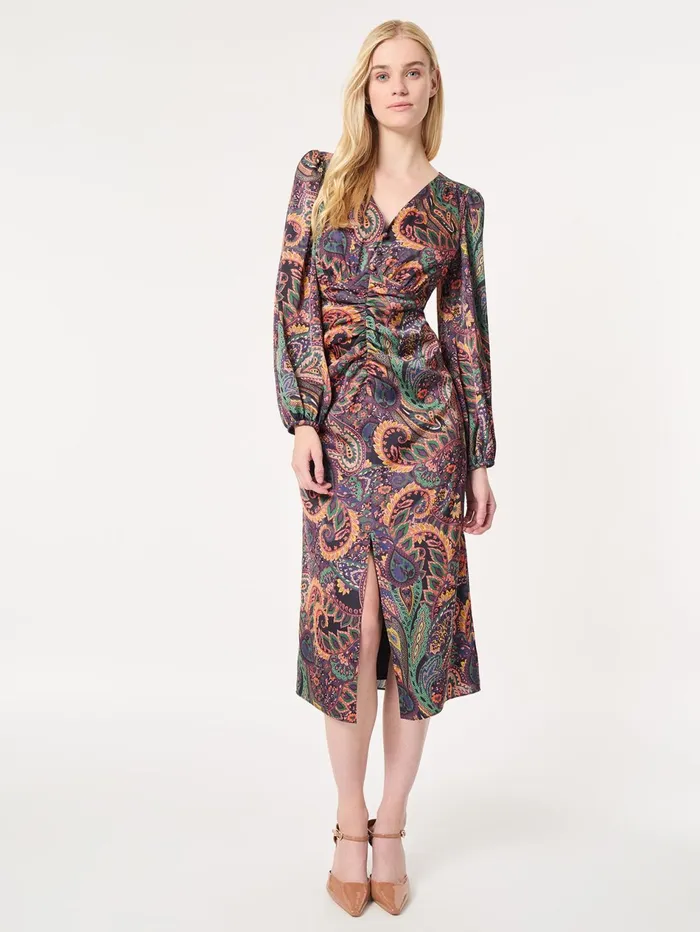 Printed Shirred Front Midi Dress Satin Women Jones New York Sale Printed Shirred Front Midi Dress Satin Women Jones New York Sale