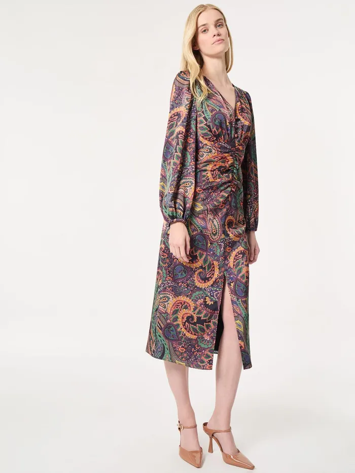 Printed Shirred Front Midi Dress Satin Women Jones New York Sale Printed Shirred Front Midi Dress Satin Women Jones New York Sale