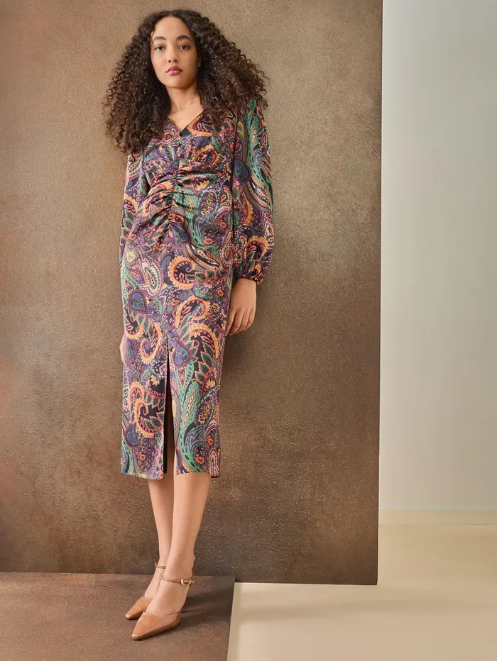 Printed Shirred Front Midi Dress Satin Women Jones New York Sale Printed Shirred Front Midi Dress Satin Women Jones New York Sale