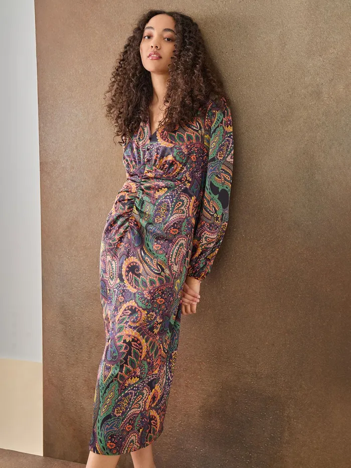 Printed Shirred Front Midi Dress Satin Women Jones New York Sale Printed Shirred Front Midi Dress Satin Women Jones New York Sale