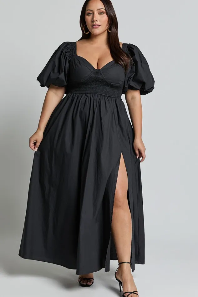 Raiza Midi Dress 8211 Shirred Waist Puff Sleeve Dress In Black Women Showpo Curve Clothes