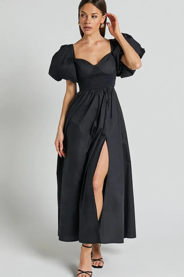 Raiza Midi Dress 8211 Shirred Waist Puff Sleeve Dress In Black Women Showpo Curve Clothes