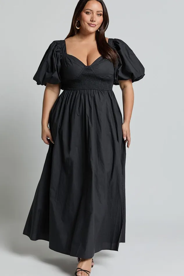Raiza Midi Dress 8211 Shirred Waist Puff Sleeve Dress In Black Women Showpo Curve Clothes