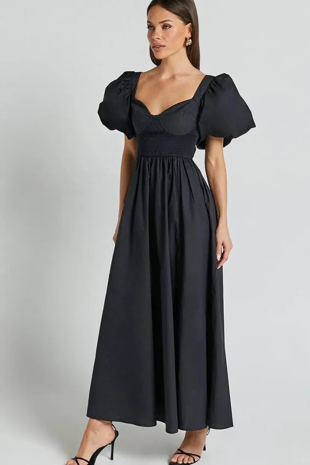 Raiza Midi Dress 8211 Shirred Waist Puff Sleeve Dress In Black Women Showpo Curve Clothes