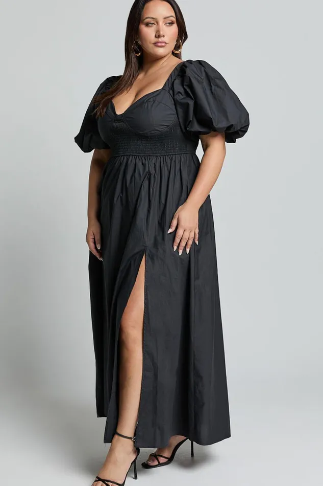 Raiza Midi Dress 8211 Shirred Waist Puff Sleeve Dress In Black Women Showpo Curve Clothes