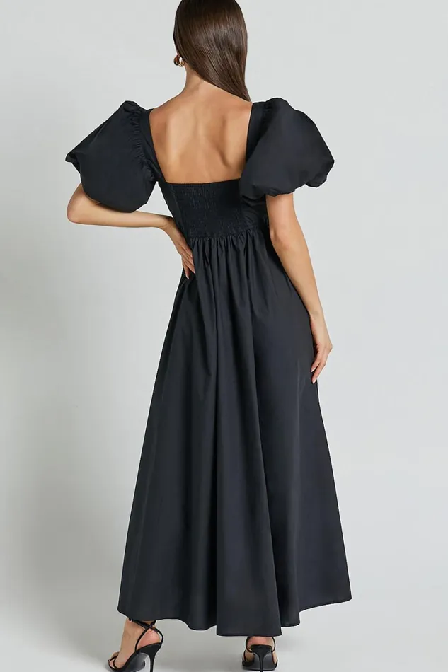 Raiza Midi Dress 8211 Shirred Waist Puff Sleeve Dress In Black Women Showpo Curve Clothes