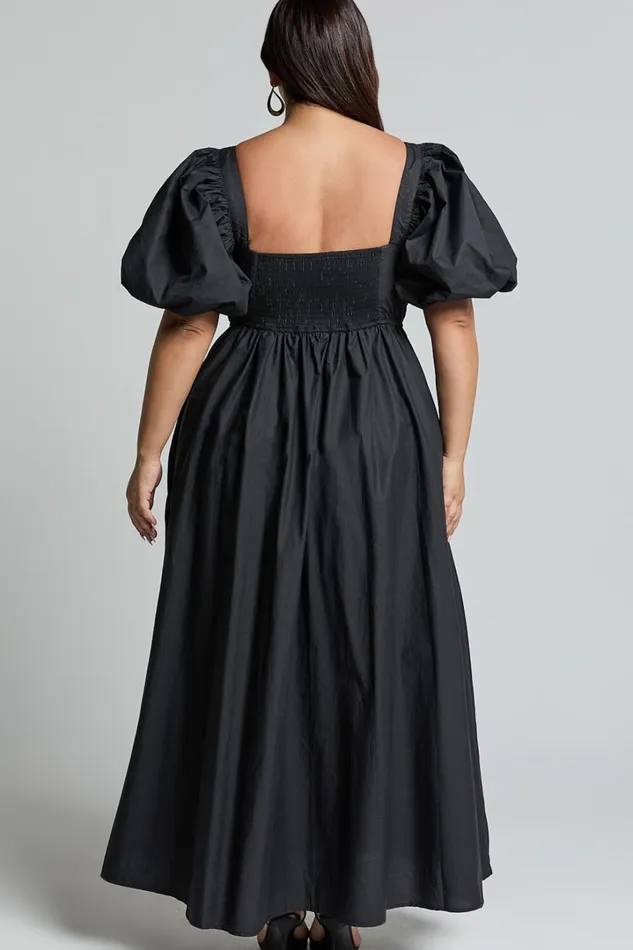 Raiza Midi Dress 8211 Shirred Waist Puff Sleeve Dress In Black Women Showpo Curve Clothes