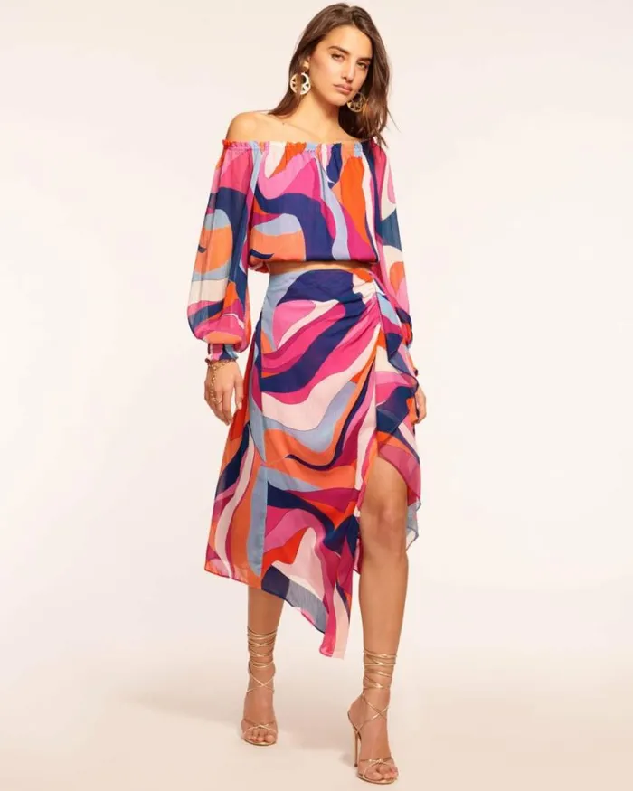 Ramy Brook Bottoms Women Printed Kai Slit Midi Skirt Rose Wave