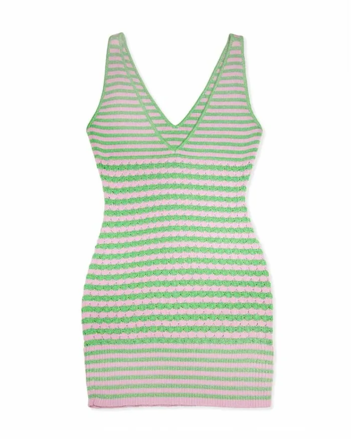 Ramy Brook Dresses Women Kamila VNeck Knit Mini Dress Green Stripe