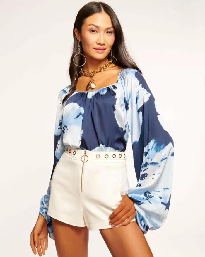 Ramy Brook Tops Women Aria Long Sleeve Blouse Navy Watercolor