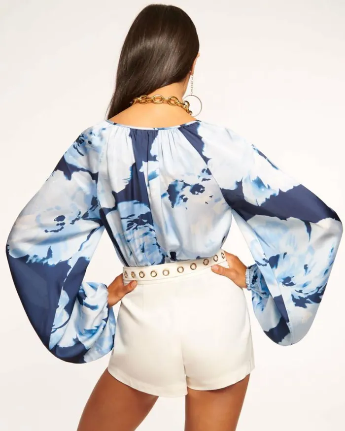 Ramy Brook Tops Women Aria Long Sleeve Blouse Navy Watercolor