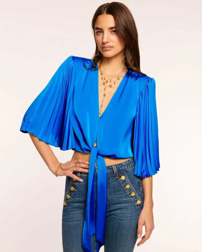 Ramy Brook Tops Women Salma Pleated VNeck Blouse Marrakech Blue