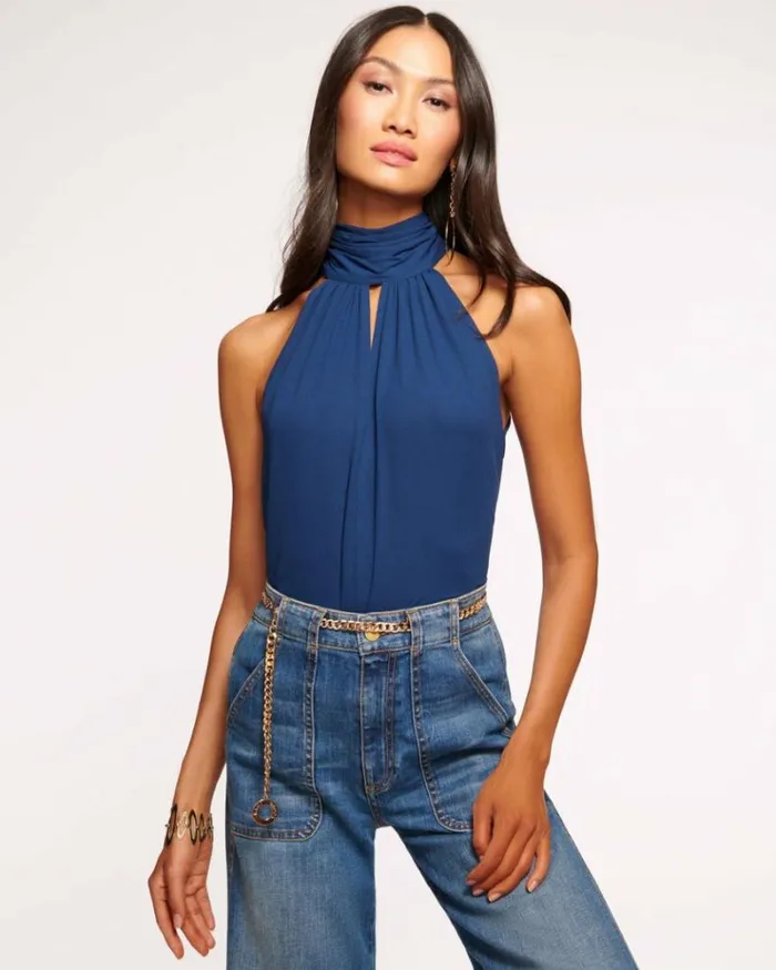 Ramy Brook Tops Women Sunny High Neck Tank Top Spring Navy