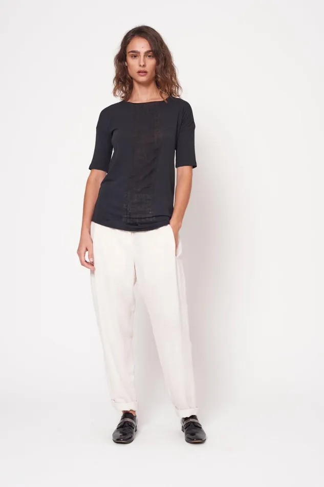 Raquel Allegra Black Basic Shredded Tee Women Tops