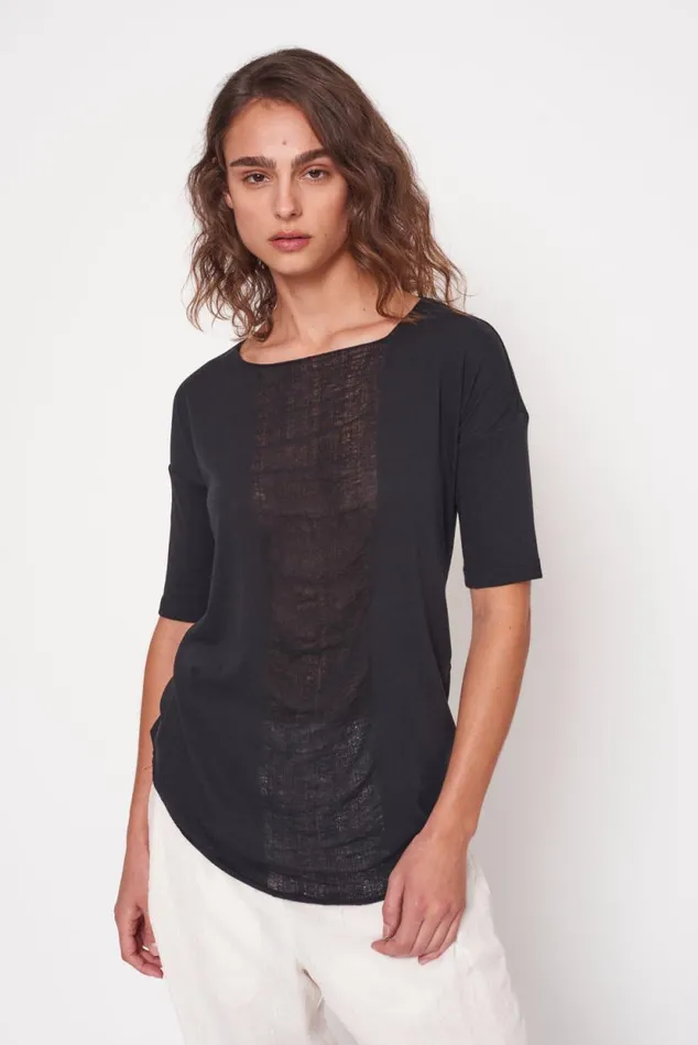 Raquel Allegra Black Basic Shredded Tee Women Tops Raquel Allegra Black Basic Shredded Tee Women Tops
