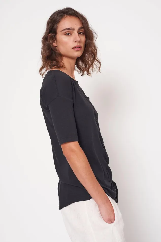 Raquel Allegra Black Basic Shredded Tee Women Tops Raquel Allegra Black Basic Shredded Tee Women Tops